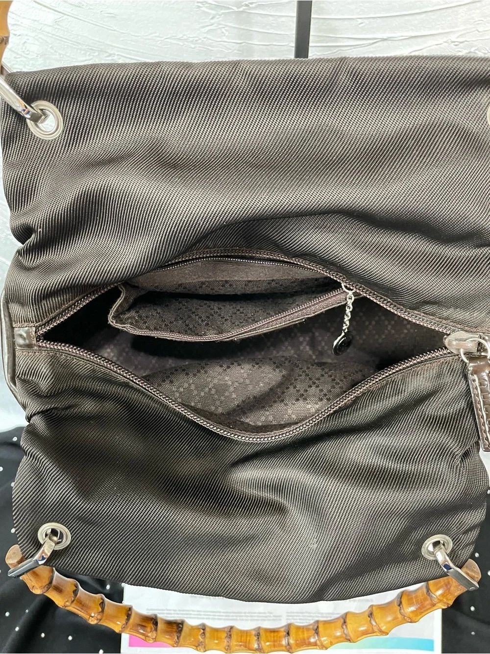 Gucci Dark Brown Handbag with Bamboo handles in nylon and patent leather